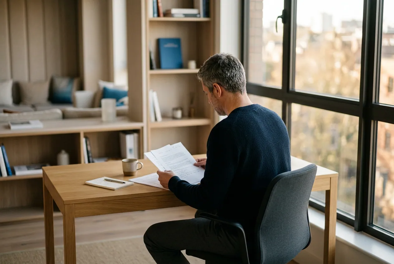 Un homme vu de dos, assis à un bureau minimaliste près d’une fenêtre, en train de relire des pages imprimées.