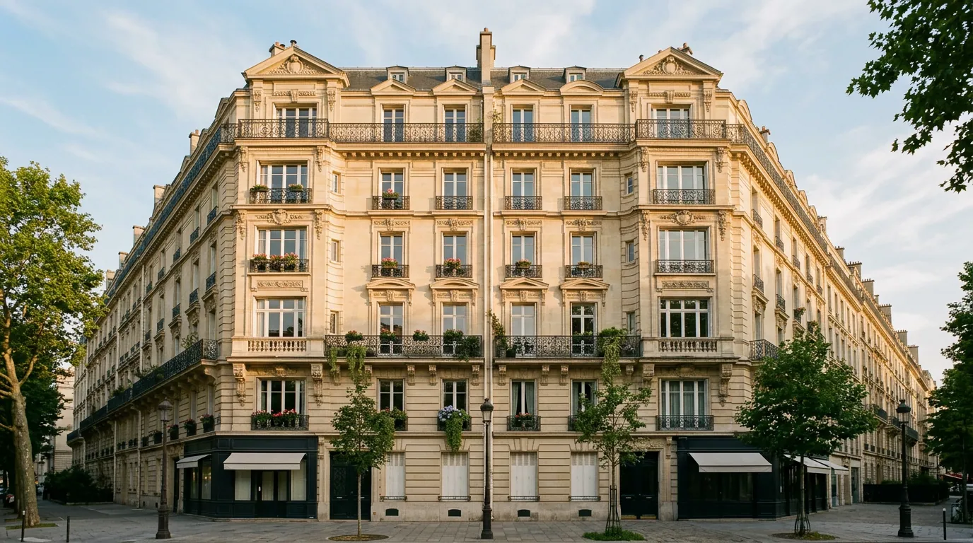 Façade d’un immeuble résidentiel français élégant, avec balcons en pierre, dans une lumière chaude de fin de journée.
