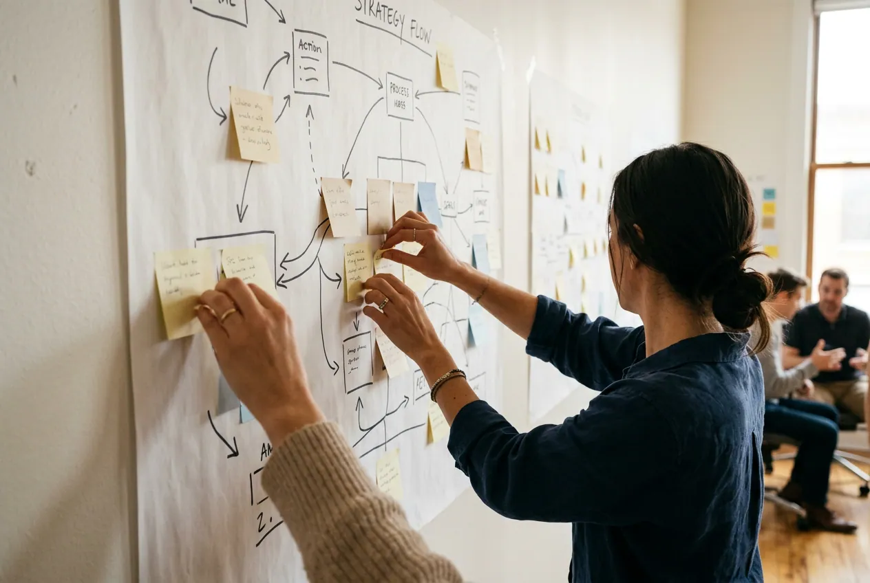 Des mains disposent des notes et un schéma de flux dessiné à la main sur un mur lumineux.